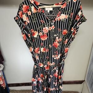 Orange Pink Floral Tie Front Ruffled Midi Sundress